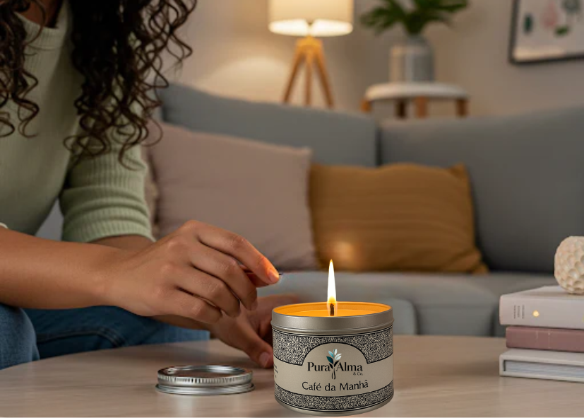 Vela artesanal de cera de soja com fragrância floral, ambientada num espaço acolhedor — perfeita para bem-estar e decoração